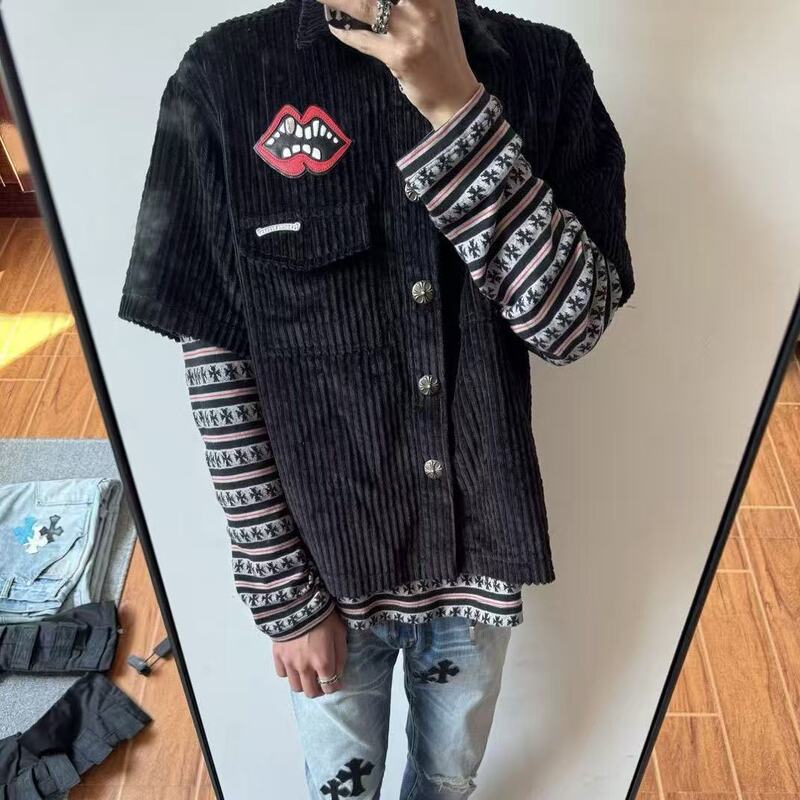 Li Shengjun Celebrity Style Trendy High Street Lip Print Embroidered Corduroy Workwear Short-Sleeve Shirt for Men and Women, Popular for Couples