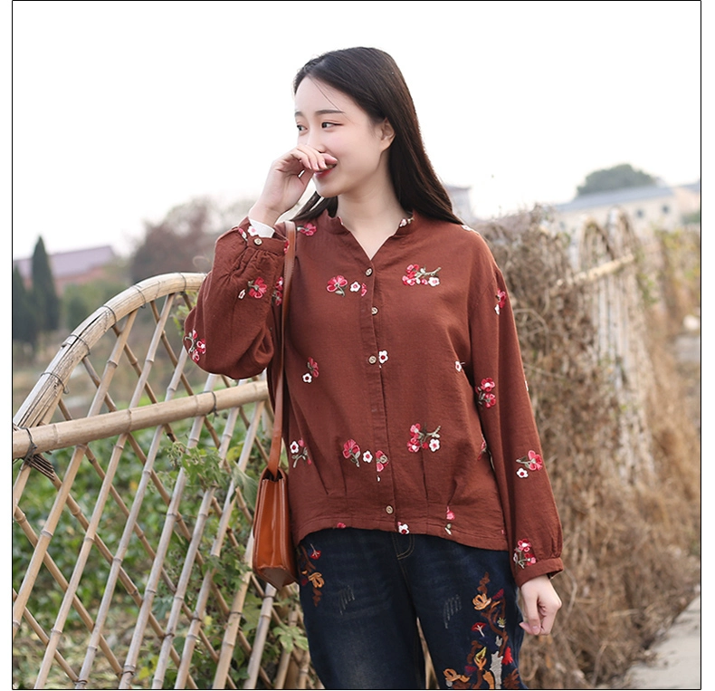 Mùa xuân và mùa thu của phụ nữ trung niên cotton và áo sơ mi dài tay jacquard của phụ nữ trung niên cộng với chất béo để tăng quần áo mẹ béo - Áo sơ mi dài tay