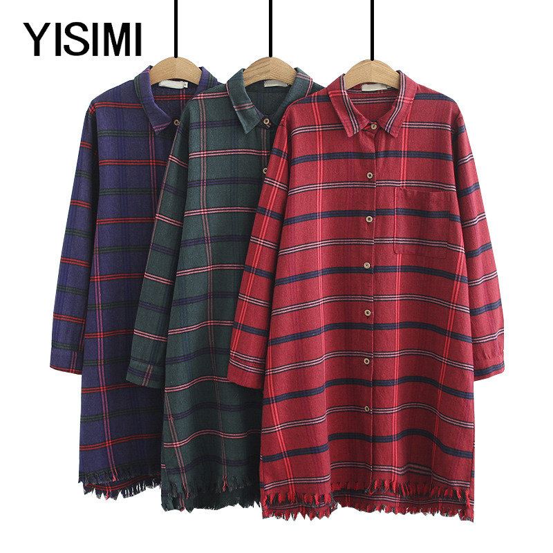Spring New Gats Plus Size Women's Dress Mid Aged Cotton Medium Long Version Plaid Shirt Woman Fat Mom Dress Shirt