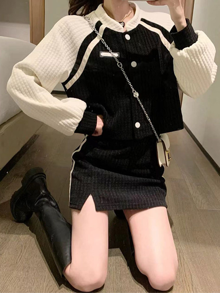 College style baseball uniform suit female spring small sweet and cool style fried street black casual sports skirt two-piece set