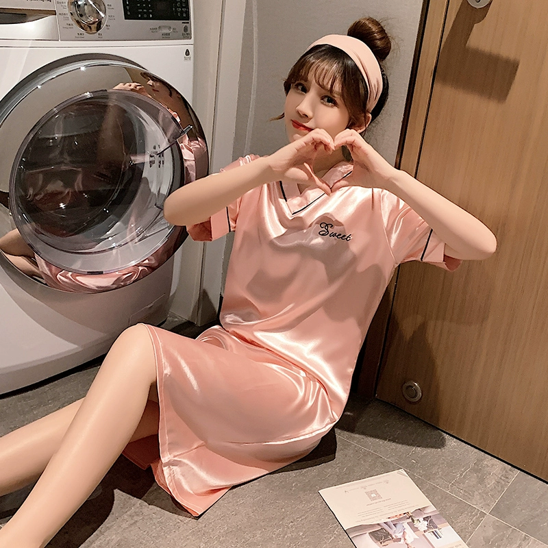 Đồ ngủ lụa nữ mùa hè ngắn tay dễ thương đồ ngủ lụa băng mùa hè mỏng phong cách Hàn Quốc tươi mát và ngọt ngào dịch vụ tại nhà cho quý cô - Đêm đầm