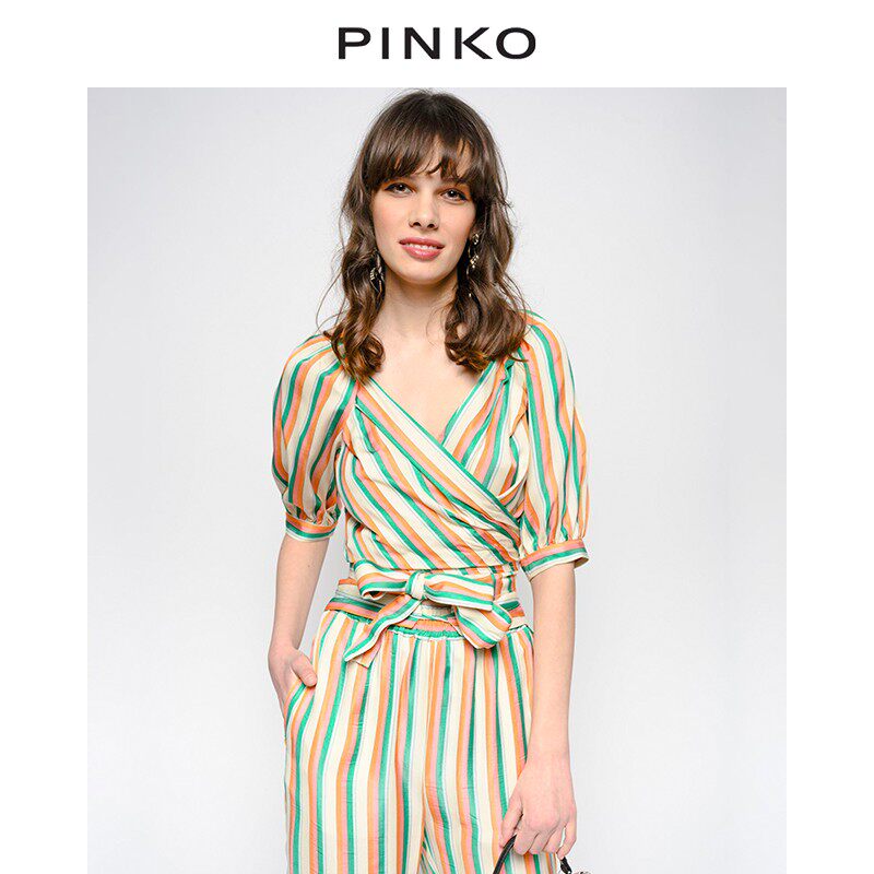 PINKO spring and summer women's V-neck striped tie top 1B13RL7451