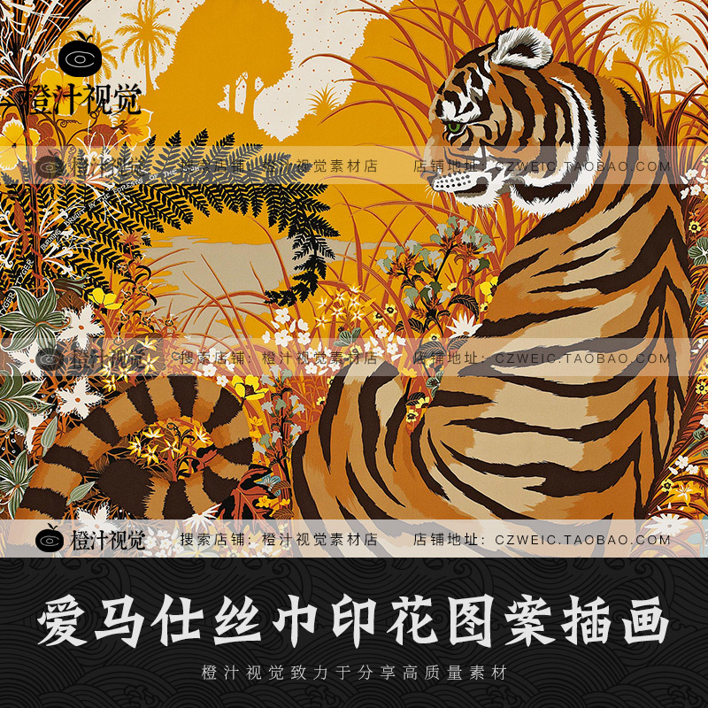 Trendy Brand Hermes Silk Scarf Printed Pattern Hand-Drawn Illustration Reference Image Design Material
