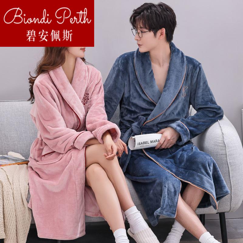 Men's winter sleeping robes thickened autumn and winter flannel bathrobe female coral suede lovers pyjamas pyjamas with velvet length 1224b-Taobao