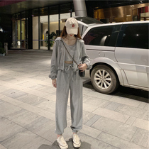 Ins super hot suit womens autumn and winter Korean version of the short sweater jacket small suspenders casual sports pants western style three-piece suit