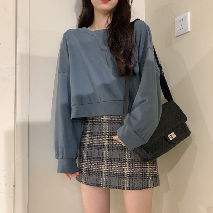 ins overfire long sleeves short T-shirt female spring autumn dress Korean version foreign polo shirt bottom shirt tide students loose blouses clothes