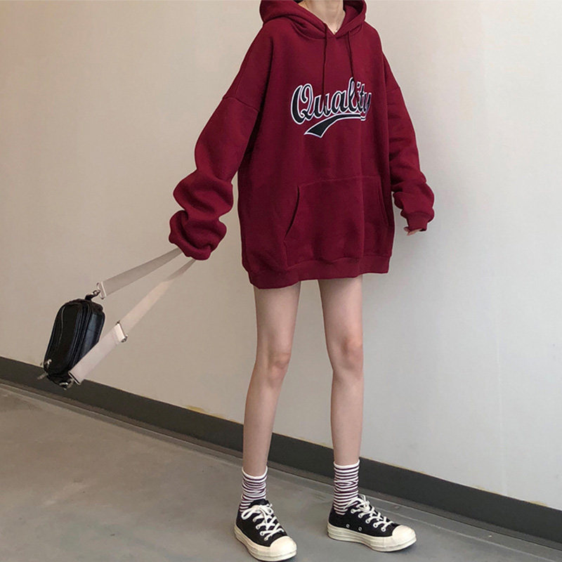 Super fire cec sweater women's autumn and winter new ulzzang velvet thickened hooded lazy jacket Korean version of the student top