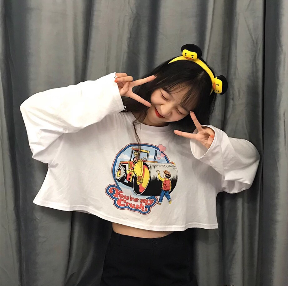 ins super fire long-sleeved thick cotton T women's 2020 spring and autumn Korean version of the new short loose high-waisted umbilical student top clothes