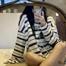 Ins super fire sweater female spring and autumn Korean version of vintage retro striped long-sleeved T-shirt students lazy loose top