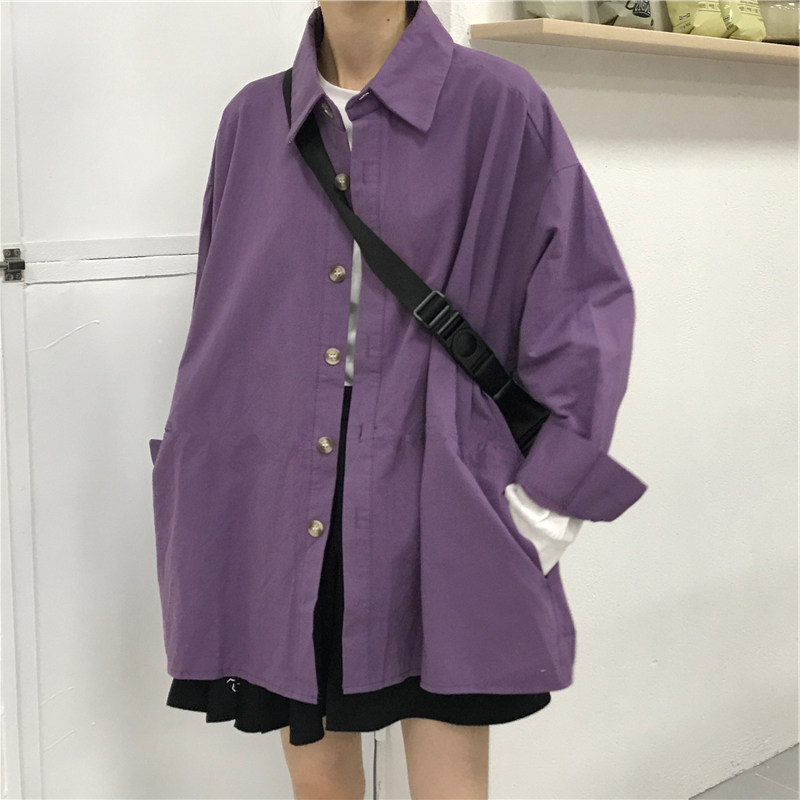 Super fire cec long-sleeved shirt women's spring and autumn new ulzzang middle and long version Korean version retro lining jacket jacket students