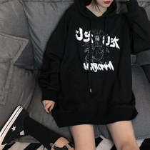Ins super fire sweater womens autumn and winter Korean version black retro hooded thickened lazy jacket trendy student loose top