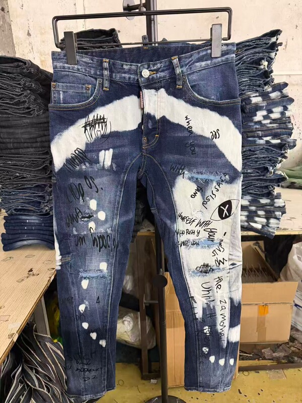 2024 New European and American Style D2 Men's Jeans, Washed, Distressed, Patched, Splattered Ink, Trendy Brand, Popular Versatile Slim-Fit Pants