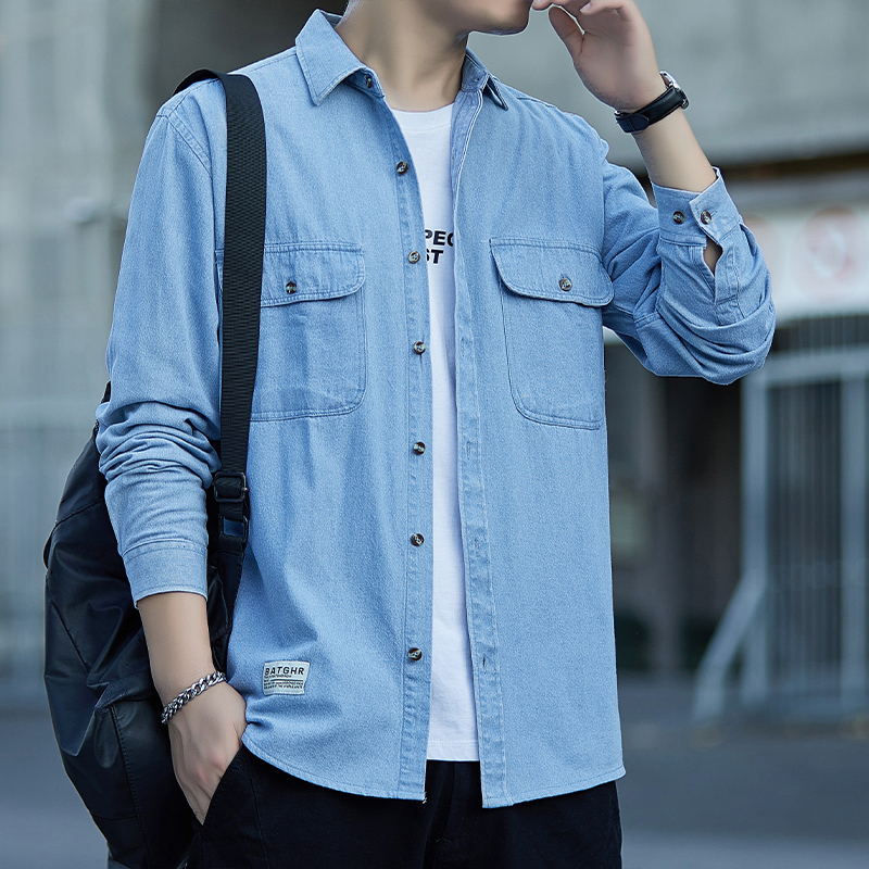 Sijuelu Denim Jacket Men's Long-Sleeve Shirt Spring and Autumn Wrinkle-Resistant Denim Fabric Work Business Casual Real Pockets Sijuelu Denim Jacket Men's Long-Sleeve Shirt Spring and Autumn Wrinkle-Resistant Denim Fabric Work Business Casual Real Pockets