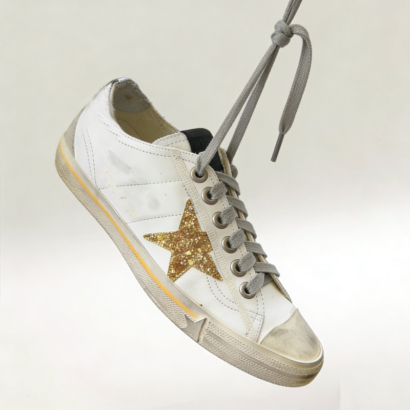 Branded Distressed Shoes for Women with Gold Star Sequins and Silver Heel, Genuine Leather Vintage-Style Versatile Star Sneakers
