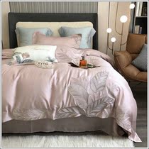 Summer bed quilt cover Tencel four-piece sheet embroidery pink white minimalist wedding bedding 1 8 2m bed