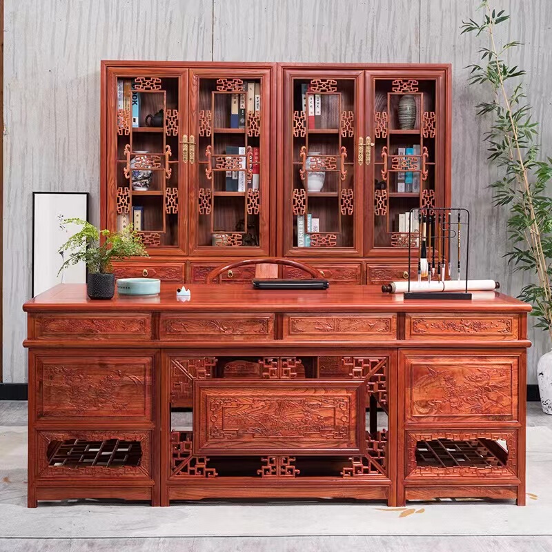 New Chinese-Style Solid Wood Office Desk and Chair Set for Home Use, Made of All Solid Wood, Simple Antique-Style Elm Executive Desk Boss Desk