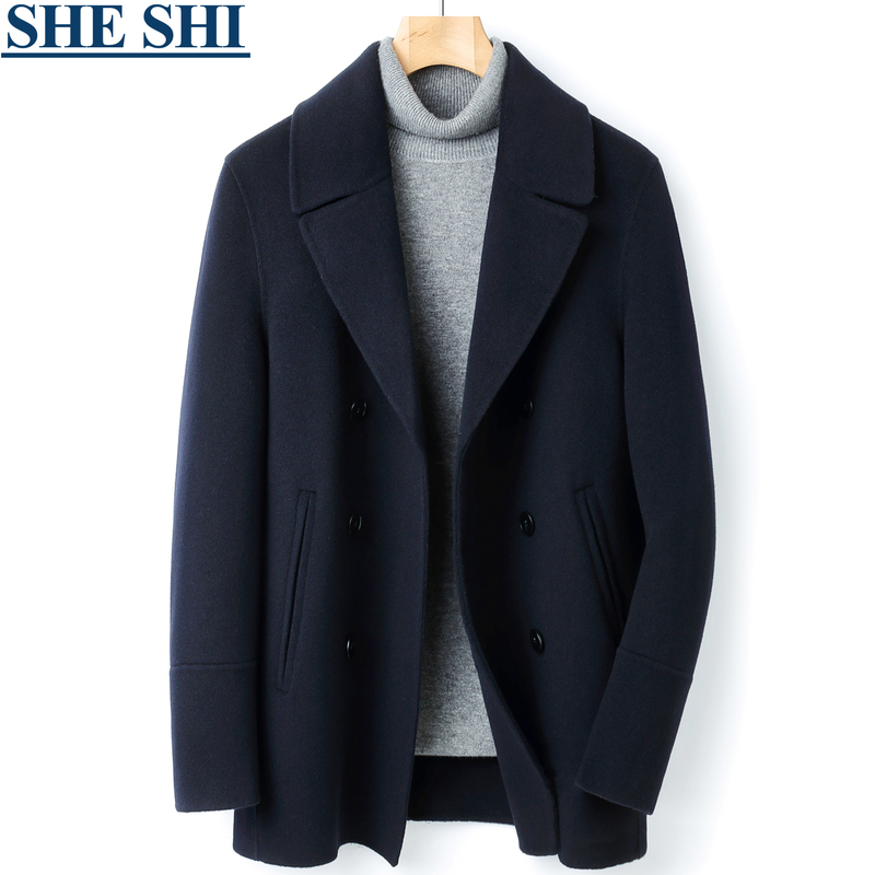 Autumn and Winter Double-Sided Cashmere Coat for Men, Medium and Short Style, Tough Guy Style, Retro British Jacket, Double-Breasted Woolen Coat