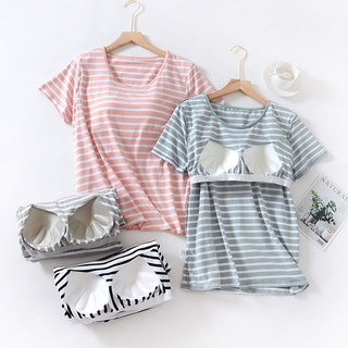 Pajamas with Breast Pads for Women, Pure Cotton Short-Sleeved Summer Thin Cotton Casual Home Wear, Summer Wearable T-Shirt