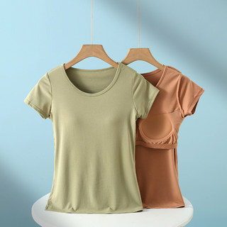 Pajamas with Breast Pads, Women's Short-Sleeved Tops, Summer Cup-Integrated Half-Sleeved Home Clothes, Modal Cotton Bottoming Shirts, T-Shirts