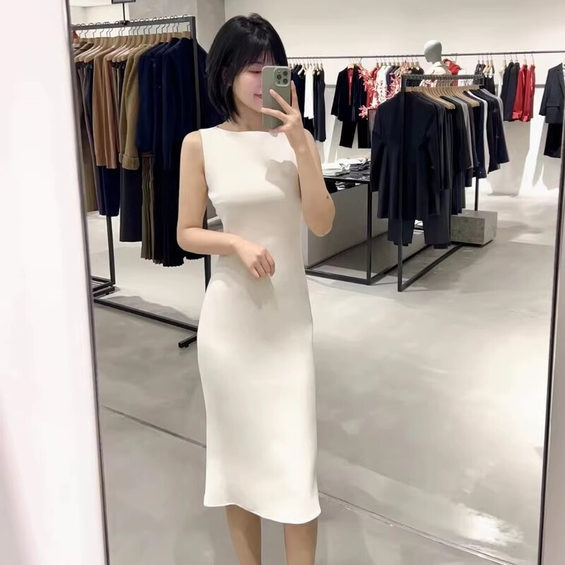 Women's Spring and Summer Classic Triacetate Waist-Cinching White Dress Sleeveless Boat Neck Fishtail Dress L0109606