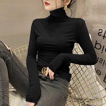 Modale High collar bottom shirt female spring autumn new foreign air inside lap long sleeves slim fit pile collar black blouses