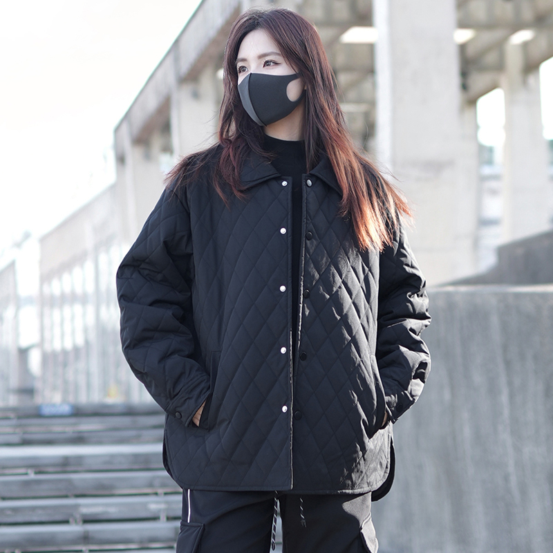 Retro Quilted Cotton Jacket, Winter Women's Black Diamond Quilted Coach Jacket, Hoodless Lapel Cotton Coat Retro Quilted Cotton Jacket, Winter Women's Black Diamond Quilted Coach Jacket, Hoodless Lapel Cotton Coat