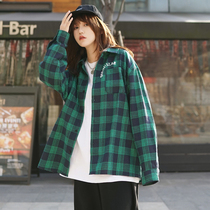 Spring and Autumn Green Plaid Shirt Jacket Womens Retro Hong Kong Taste Loose Wear Long Sleeve Shirt bf Boyfriend Wind Outside