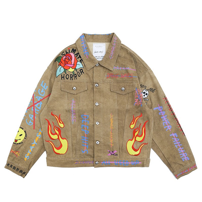 Jackson Wang Style Workwear Denim Jacket Hip-Hop Graffiti Splatter Casual Jacket American Embroidery Loose Unisex Coat