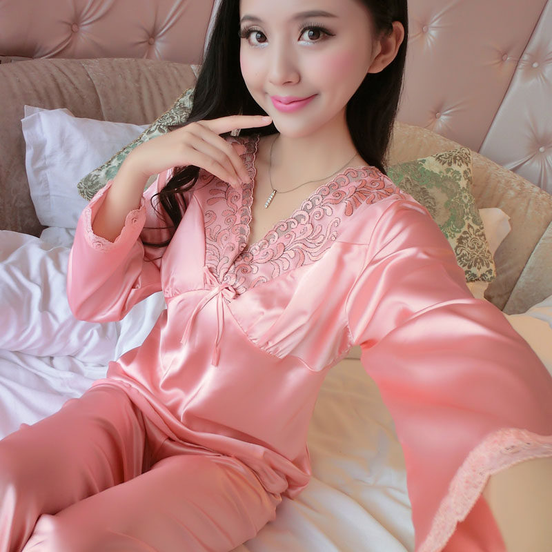 Pure Color Youth Spring Autumn Season Han Version Pyjamas Woman Silk Long Sleeve Emulation Silk Summer Ice Silk Thin two-piece suit