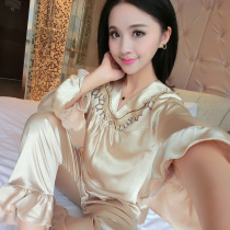 Spring Summer Season Emulation Silk Pyjamas Lady Long Sleeve Embroidered Silk Thin family home The Korean version Sexy Silk Sexy Silk up and down