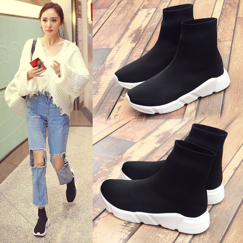 Elastic Sock Shoes for Women, Mid-Calf, Versatile, Casual, Spring Thin Style, Graffiti High-Top Shoes, 2026 New Breathable Thick-Soled Shoes