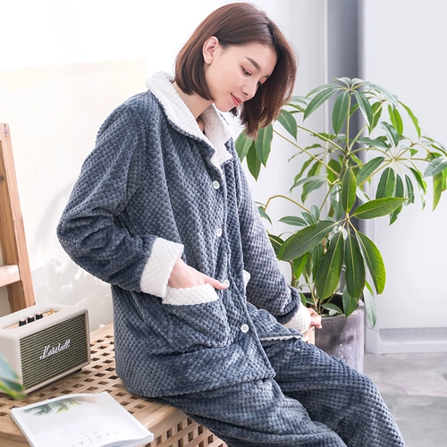 Демисезонная пижама, коралловый бархатный кардиган, фланелевый лонгслив, комплект, увеличенная толщина, в корейском стиле, свободный крой