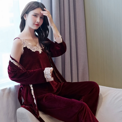 Бархатная демисезонная кружевная пижама, сексуальный бархатный комплект, коралловый лонгслив, лебедь, эффект подтяжки, 3 предмета