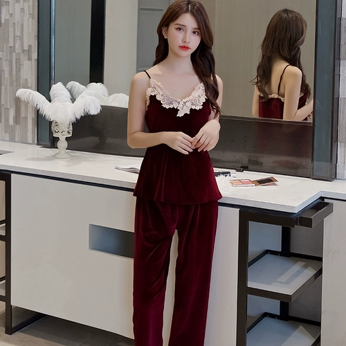 Бархатная демисезонная кружевная пижама, сексуальный бархатный комплект, коралловый лонгслив, лебедь, эффект подтяжки, 3 предмета