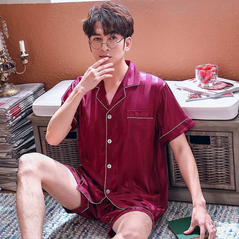 Mùa hè đồ ngủ mens mỏng lụa băng ngắn tay ve áo loose-fitting cộng mens lụa mùa hè mặc nhà hai mảnh bộ.