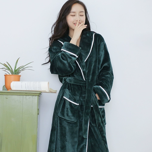 Демисезонный фланелевый банный халат, длинная коралловая бархатная пижама для школьников для влюбленных, увеличенная толщина