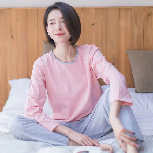Хлопковая осенняя демисезонная тонкая пижама, лонгслив с круглым воротником, комплект