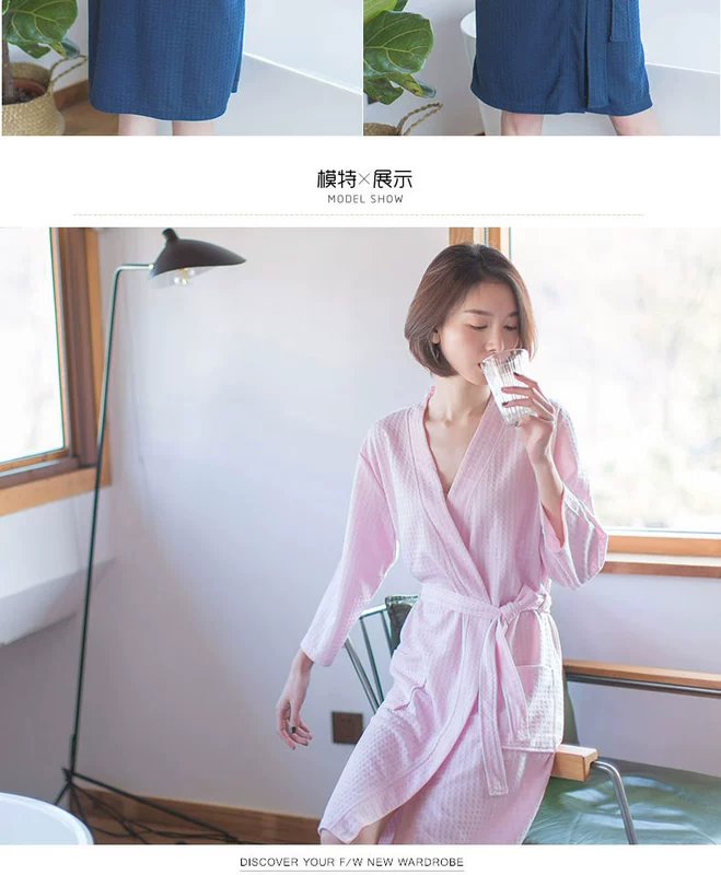 Áo choàng tắm nữ mùa hè phần mỏng waffle gown nam và nữ phần dài các cặp vợ chồng bảy điểm tay áo choàng tắm đồ ngủ dịch vụ nhà đồ lót