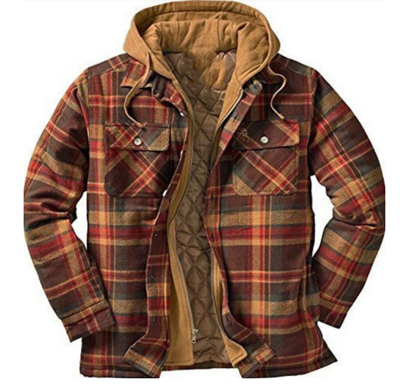 Amazon's Popular Men's Clothing, Autumn and Winter Thickened Cotton Coat, Plaid Long-Sleeved Loose Hooded Jacket in Stock