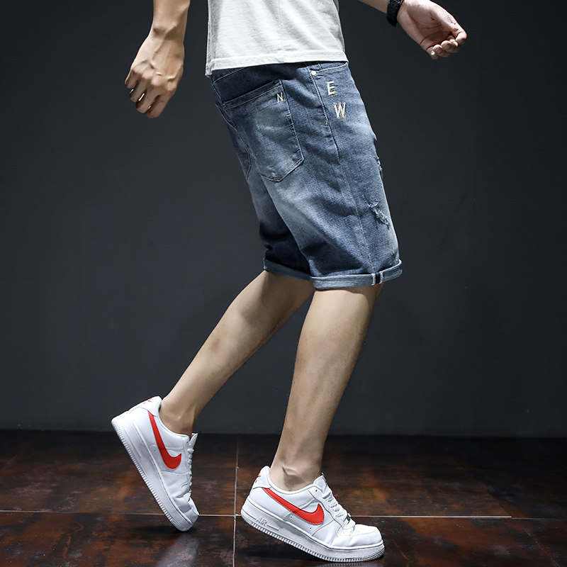 Denim Shorts Male summer slim Tide Cards Loose Straight Drum 50% Pants Youth Korean Version Trend 100 Hitch Casual Mid Pants