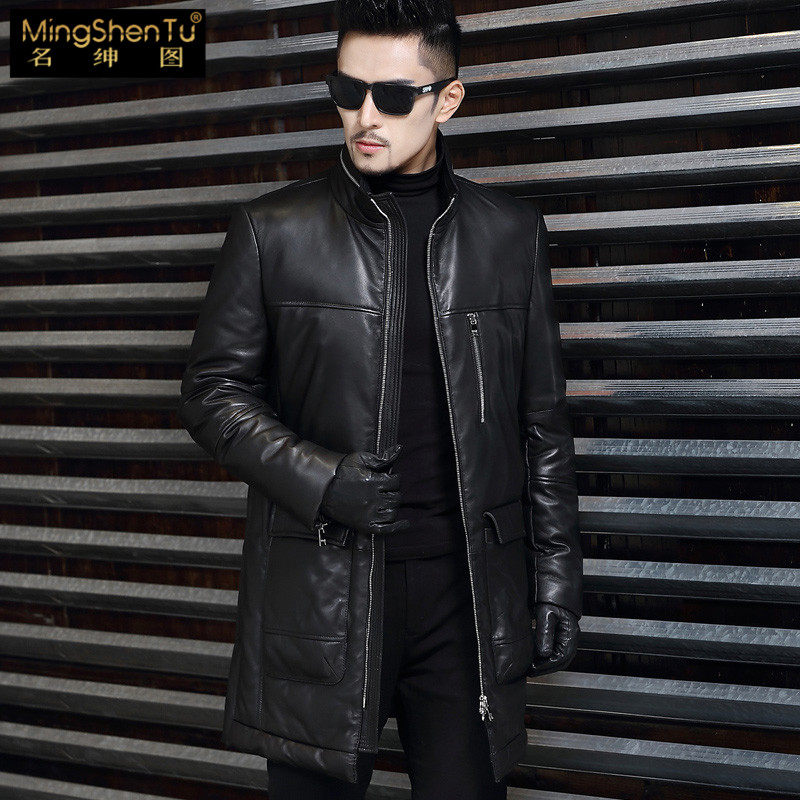 Gentry light and luxurious men's dress Long version of lap real leather clothing sheep leather middle-aged thickened with a leather plume 2019