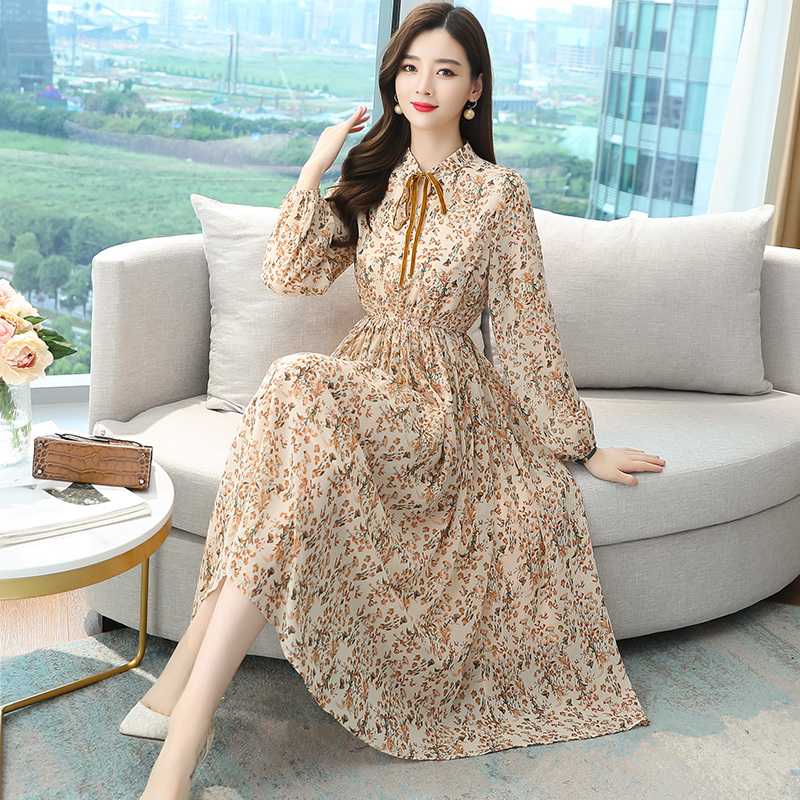 High-End Floral Chiffon Dress for Women, Early Spring and Autumn 2026 New Style, Long-Sleeved, Elegant, Long Skirt with a Large Hem