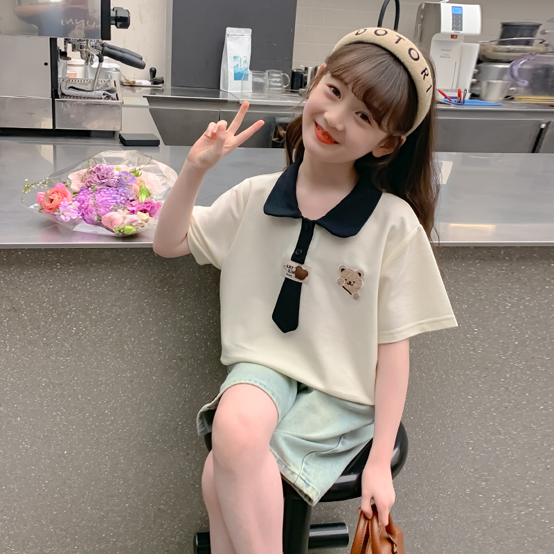 女の子の夏半袖Tシャツ2025新しいスタイルファッショナブルな子供服半袖トップス女の子夏POLOシャツ