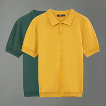 Summer thin POLO collar hollow top breathable mesh T Ice Silk short coat mens solid color half sleeve knitted cardigan tide