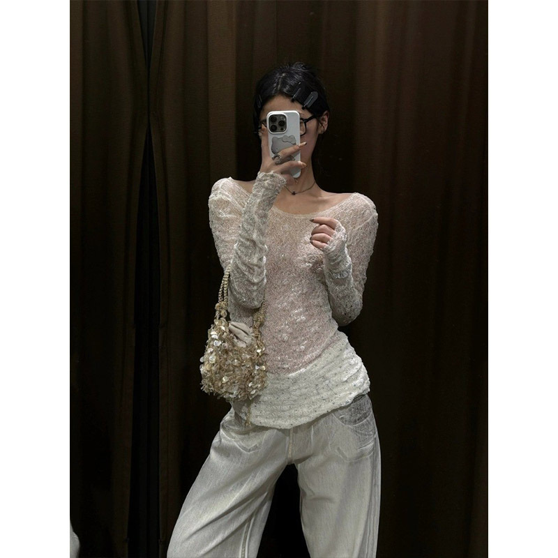Shiny Diamond-Encrusted White Long-Sleeved Lace T-Shirt for Women, Summer Slim-Fitting Transparent Inner Wear, Sun Protection Blouse, Sweet and Spicy Girl Top