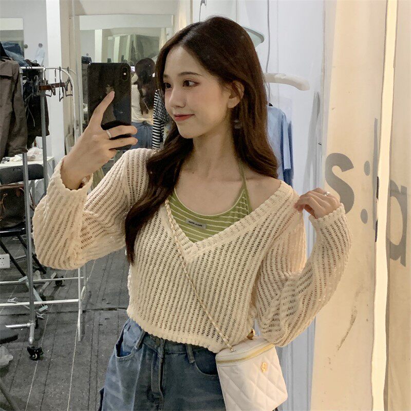 辣妹条纹挂脖吊带女夏季镂空v领长袖防晒罩衫短款上衣时尚两件套
