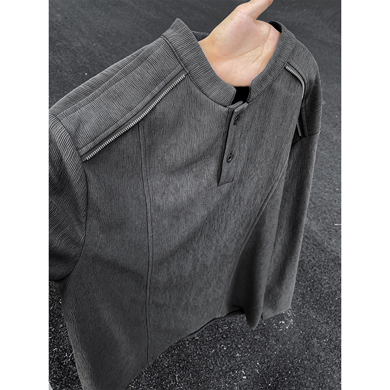 American-Style Shoulder Zipper Long-Sleeved T-Shirt for Boys, Autumn Henley Collar Polo Shirt, Youth Casual Loose-Fitting Base Shirt
