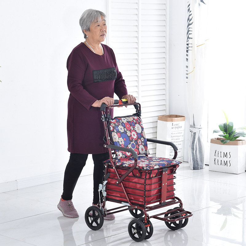 The elderly cart can be pushed and can be driven by a car to help the walking folding shopping cart for the elderly four-wheeled light small pull cart leisure shopping cart