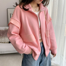 Pink Sweatshirt Short Coat Woman Little Guy 2022 Early Spring Autumn New Underaged Students Baseball Suit Cardiovert Blouse