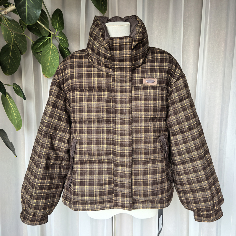 European Station 25918 Casual Stand Collar Plaid down Jacket for Women 2025 Winter Loose White Duck down Warm Short Coat